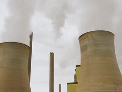 WS TU Coal-fired power station Loy Yang spews pollution and carbon dioxide (CO2) into atmosphere in Yallourn at Latrobe Valley / Morwell, Victoria, Australia Stock Footage