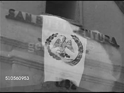 1948: CALIFORNIA: Flags of Occupation superimposed one by one over Mission San Buenaventura, Spain, Mexico, Russia flag over church, California Republic over mansion, American flag over San Francisco Ferry building. Instructional Video