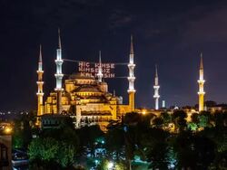 High view on the Blue Mosque during Ramadan at night zoom out Stock Footage