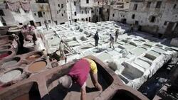 Laborers wade in vats as they dye and tan leather hides and skins. Stock Footage