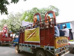 MS PAN Shot of a procession during Durga Puja festival / Delhi, India Stock Footage