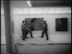 B/W 1959 three men installing painting in Guggenheim Museum / NYC / newsreel Stock Footage