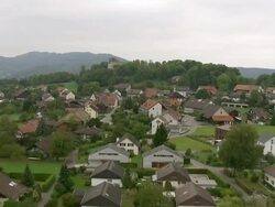 WS AERIAL View of Habsburg and Habsburg castle above villag with A3 highway and Bozberg mountain / Wadenswil, Zurich, Switzerland Stock Footage