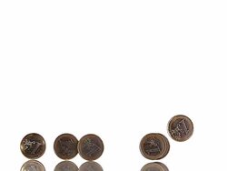 One euro coins falling against white background, slow motion Stock Footage