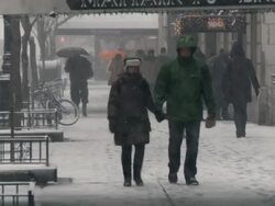 WS People walking on sidewalk during winter / New York City, New York, USA Stock Footage
