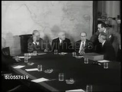 1950: U.S. FOREIGN RELATIONS COMMITTEE: LA MS US Capitol, Washington D.C. INT MS 'Committee Room.' WS Members in meeting around table. MS Senator Connally (unconfirmed). MS US Secretary of State Dean G. Acheson talking. MS Two members. Yugoslavia Instructional Video