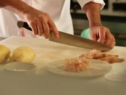 MS Cook/Chef preparing a prawn tempura dish, typical Japanese food / Sao Paulo, Brazil Stock Footage
