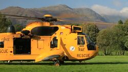 An RAF search and rescue Sea King helicopter, in Ambleside, Lake District, UK. Stock Footage