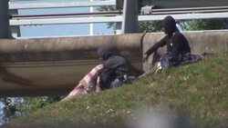 Migrants walking and sitting next to roads near Calais News Clip