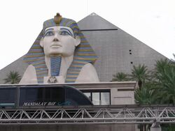Monorail trams and sphinx at Luxor Stock Footage