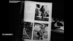 1947: FASHION MAGAZINE: CU Fashion stories & articles published from newspapers on desk. MS Life Fashion Magazine pages models posing dresses. EXT VS Woman taking magazine out of mailbox looking at magazine. INT VS Women on couch reading magazine. NY Instructional Video