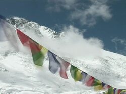 MS CS Colorful prayer flags blowing in wind at Mt. Everest  Stock Footage