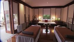 A  room with massage tables opens onto a patio in Shanghai, China. Stock Footage