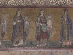 A colorful mural depicts the Adoration of the Magi. Stock Footage