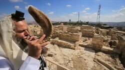 Jewish Man with Shofar, Tomb of the Prophet Samuel National Park, near Jerusalem in Judea Desert, Israel Stock Footage