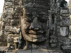 MS Carved stone face in Bayon Temple / Angkor Wat, Siem Reap, Cambodia Stock Footage