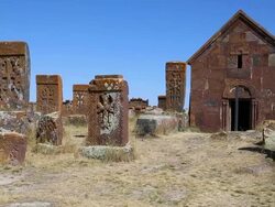 Noratus (Noraduz) cemetery, Sevan lake, tombstones and khatchkars in the cemetery Stock Footage