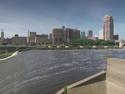 WS PAN  St Anthony falls on mississippi river / Minneapolis, Minnesota, United States  Stock Footage