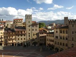 The Piazza Grande an elevated view over the historic town of Arezzo, Tuscany, Italy, Europe Stock Footage
