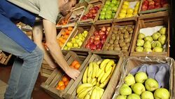 Man organizing fruist in a greengrocery Stock Footage