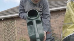 Little Boy Using A Watering Can To Water Seeds Stock Footage