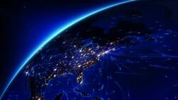 Bright connections moving around Earth. US/Europe with city lights. Stock Footage