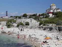 BEACH AND SAINT VLADIMIR CATHEDRAL Stock Footage