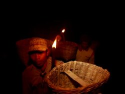 MS Men walking to the sulfur mining at night / Ijen, Java, Indonesia Stock Footage