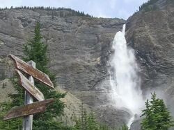 MS Shot of sign board at Takkakaw Falls / Yoho Nationalpark, British Columbia, Canada Stock Footage