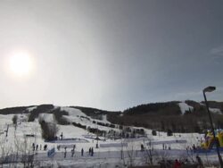 WS Shot of people enjoying at generic skiing slope / Quebec, Canada Stock Footage