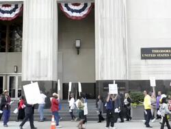 Protesters picket outside Detroit bankruptcy court Stock Footage