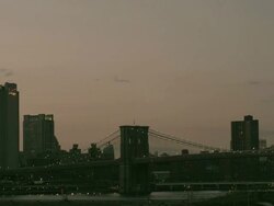 MS PAN TWILIGHT New York Harbor from Brooklyn Bridge to glass office buildings PART 1 of 2/ New York, New York, USA Stock Footage