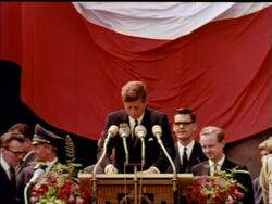 1963 President John Kennedy at podium making "...Ich bin ein Berliner" / Berlin / newsreel Stock Footage