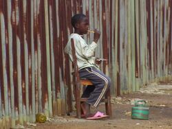 MS Shot of small boy brushing his teeth outside / Conakry, Guinea Stock Footage
