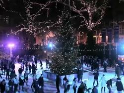 MS Shot of Christmas ice skating near Natural History Museum at night / London, United Kingdom Stock Footage