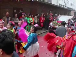 WS PAN People performing Yangge dance with traditional clothes in a wedding/hancheng,shaanxi,China Stock Footage