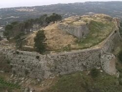 MS AERIAL Shot of Agh.Georgios Cstle in Ithaki Island / Ithaki, Ithaca, Ionian Islands, Greece Stock Footage