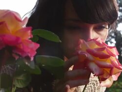 CU Shot of full bloom rose as beautiful brunette smells it deeply / Portland, Oregon, United States  Stock Footage