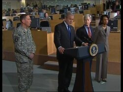 Bush with Gen Petraeus and US amb Crocker, sots, leaving for Bahrain News Clip