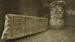 Roman ruins by Portico di Ottavia Stock Footage