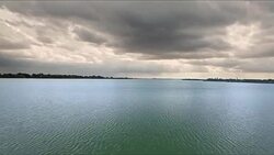Aerial view of pier on Palic Lake Stock Footage