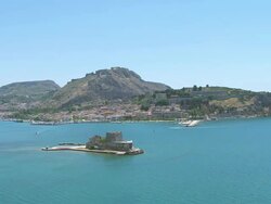 WS AERIAL TS View of castle of bourtzi and bay at Nafplio / Nafplio, Peloponnese, Greece Stock Footage