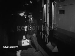 1953: UNION PACIFIC PASSENGER TRAIN: NIGHT: VS Male announcing 'last call...' on speaker microphone (SOT), 'gate no. 2,' female passenger boarding w/ luggage, workers signaling, engineer pulling lever, boy pulls down window shades. Union Station Instructional Video