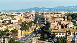 Aerial view timelapse of famous ancient Colosseum Amphitheater from Vittoriano at sunny day. Rome, Italy. April, 2016. Stock Footage