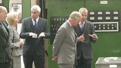 The Prince of Wales visits Abraham Moon and Sons' vertical woollen mill. News Clip