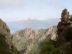 MS View over fantastic rock landscape of Calanche of Piana to sea, UNESCO World Heritage Site / Porto, Corsica, France Stock Footage