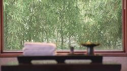 A picture window frames trees behind a tray with a stack of towels at a hotel in Shanghai, China. Stock Footage