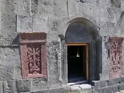 Hayravank monastery, Sevan lake, the faÃƒÂ§ade of the church Stock Footage