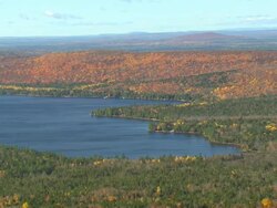 WS AERIAL ZI View of wooded area with autumn color and lake / Maine, United States Stock Footage
