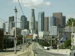 Static shot of city street looking toward skyscrapers in Los Angeles. Stock Footage